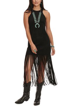 Fringed Dress, Black Fringe Dress, Cowboy Boots Square Toe, Cowgirl Dresses, Faux Suede Dress, The Missing Piece, Baby Shower Outfit, Western Outfits Women, Western Chic