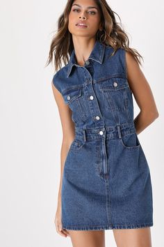 Ready to Charm Medium Wash Denim Mini Dress Mini Dress Blue, Country Dresses, Lulu Fashion, Mod Dress, Denim Mini Dress, Versatile Dresses, Denim Mini, Retro Outfits, Large Size Dresses