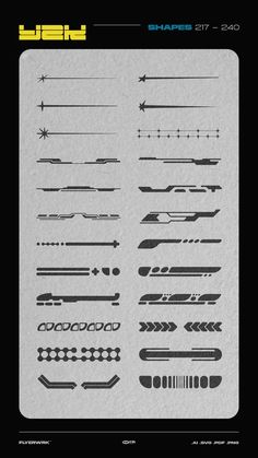 a sheet of paper that has different types of arrows and lines on it, all in black