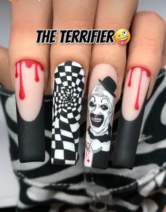 Hollow Ween Nails, The Terrifier Nails, Exorcist Nail Art, Art The Clown Terrifier Nails, Terrifier Nail Art, Ice Nine Kills Nails, Halloween Nails Horror, Art The Clown Nails, Killer Klowns From Outer Space Nails