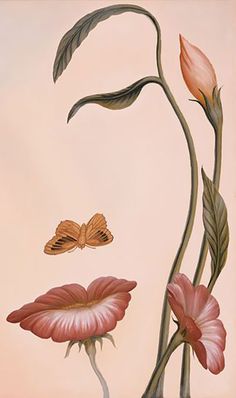 a painting of pink flowers and two butterflies on a light colored background, with green stems in the foreground