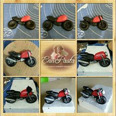 a collage of photos showing the different parts of a toy motorcycle