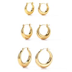 PRICES MAY VARY. These chunky gold hoops includes 3 pairs of hoops with an outer diameter of 20mm, 25mm, and 32mm. Each pair is 4mm thick. These hoop earrings can be worn alone or stacked together making it perfect for everyday wear. Made of high quality 316L stainless steel,Solid and durable. These earrings are very comfortable and healthy to wear,Suitable for sensitive ears,And does not flake off and lose color. Real 14K Gold Plating on these earrings will ensure a very long lasting brilliant Chunky Gold Hoop Earrings, Set Jewelry, Hypoallergenic Earrings, Gold Hoops, Jewelry Earrings Hoops, Sensitive Ears, Gold Hoop, Gold Hoop Earrings, Earrings Set