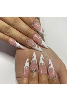 White French Tip Press on Nails Stiletto Fake Nails Long False Nails with Rhinestone Designs Nude Pink Acrylic Nails Full Cover Stick on Nails Glossy Artificial Nails for Women Manicure Decorations White Tip Nail Designs, White Tip Nails, Fake Nails Long, Y2k Nails, White Nail, Birthday Nails, Nail Art Hacks