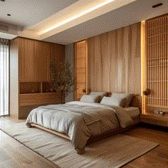 a large bed sitting in the middle of a bedroom next to a wooden dresser and window