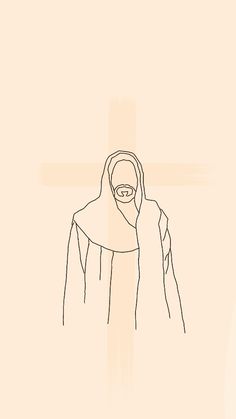 a line drawing of a woman wearing a veil and holding a cross in her hands