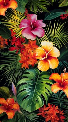 a painting of tropical flowers and leaves on a black background with red, orange, yellow and green colors