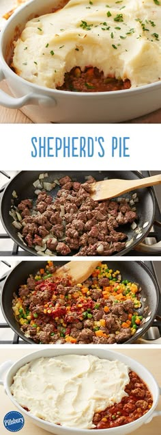 three different pictures of shepherd's pie and mashed potatoes, with text overlay that says shepherd's pie