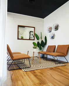 a living room with two chairs and a rug on the floor in front of a mirror