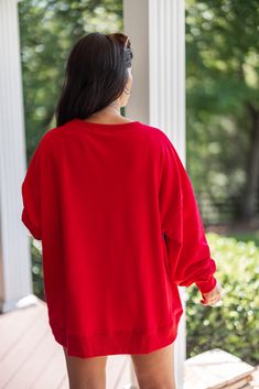 Black and red colorblock sweatshirt with red sequin football uniforms The most fab way to show off your Football Love! Black and red colorblock french terry knit sweatshirt, featuring red sequin football uniforms across the front. Too perfect!! This babe is stylish and comfy, making her a must-have all football season long! Loose relaxed fit Model is 5'3" & sized up to a large for a "dress" look. However, your normal size will still be a loose relaxed fit, just not quite as long! Ribbed crew nec University Red Crew Neck Sweatshirt For Game Day, Red College Sweatshirt For Fall, Red Sweatshirt With Ribbed Cuffs For Game Day, Sporty Red Top With Ribbed Cuffs, Red Sweatshirt For College In Fall, Red Sporty Sweatshirt For Loungewear, Sporty Red Sweatshirt For Loungewear, University Red Sporty Sweatshirt For Game Day, Red Sweatshirt For Game Day In Fall