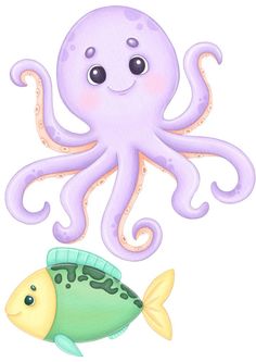 an octopus and a fish are swimming in the ocean together, one is purple with black spots