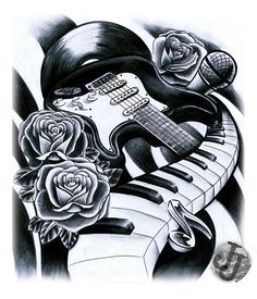 an image of a tattoo with flowers on it and a guitar next to the piano