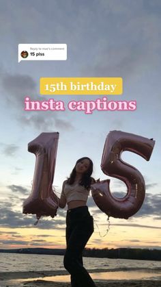 a woman holding balloons in front of the ocean with an instagram caption for her birthday