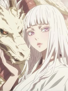 a woman with white hair and blue eyes next to a wolf