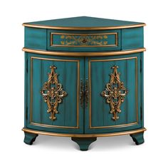 a blue cabinet with gold trimmings on the doors and drawers is shown in front of a white background