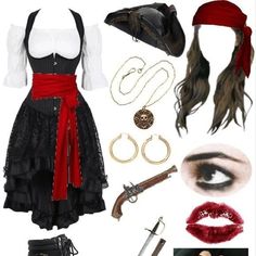 a woman in black and red outfit with accessories