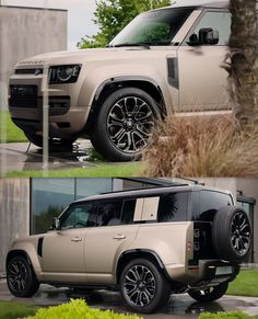 two different views of the front and side of a beige land rover with black wheels