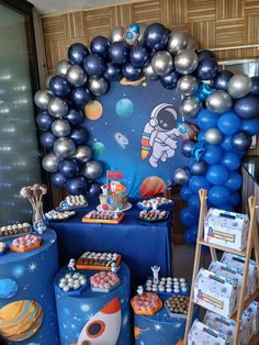 a space themed birthday party with balloons and decorations