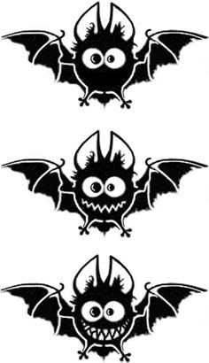 three black and white images of bats with large, small eyes on the front and back