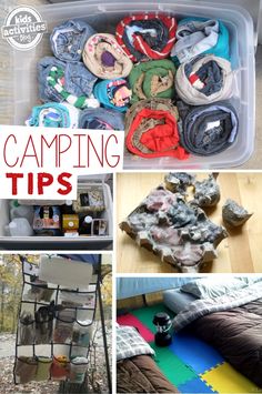 the collage shows different types of camping items in an open storage container and on top of a bed