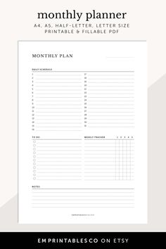 The printable monthly planner allows you to plan out your month, including important dates, appointments, and events, while the daily schedule feature breaks down your day into manageable tasks. It includes a weekly tracker, which provides an overview of your progress for the week, ensuring that you're staying on track with your goals, and the to-do list section allows you to jot down important tasks or reminders. Monthly Schedule Planner, Reminder List, Planners Ideas, Agenda Printable, Monthly Tasks, Weekly Tracker, Annual Planner