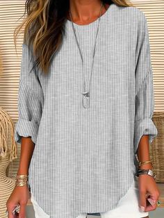 Women's Long Sleeve Blouse Spring/Fall Striped Crew Neck Daily Going Out Casual Top Gray | justfashionnow Loose Striped Shirt, Fall Stripes, Vintage Floral Top, Striped Shirt Women, Gray Shirt, Linen Style, Urban Chic, Crew Neck Top, Retro Chic