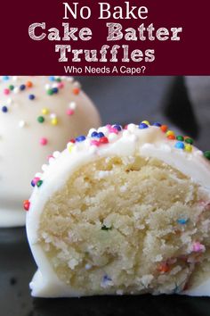 no bake cake batter truffles with white frosting and sprinkles