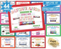 the award winning poster for lifesaver awards is shown in multiple colors and sizes