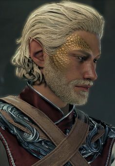 an image of a man with white hair and beards wearing silver armor, standing in front of a dark background