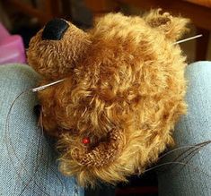 a brown teddy bear sitting on top of a blue chair with needles in its mouth