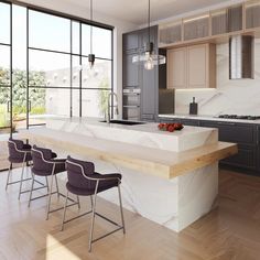 a modern kitchen with marble counter tops and bar stools in front of large windows