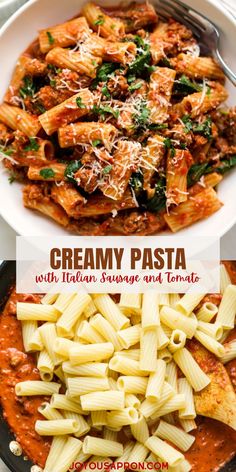 creamy pasta with italian sausage and tomato sauce in a white bowl on top of a table