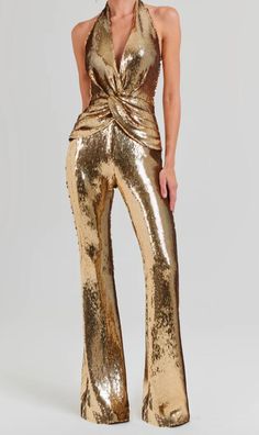 MIREYA Halter Gold Sequins Bodycon Jumpsuit Gold Sequin Jumpsuit, King Herod, Gold Jumpsuit, Halter Neck Jumpsuit, Sequin Halter, Flare Jumpsuit, Glamorous Party, Sequin Jumpsuit, Bodycon Jumpsuit