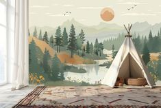 a teepee tent in front of a scenic wall mural