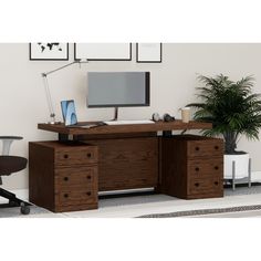 an office desk with two drawers and a computer monitor