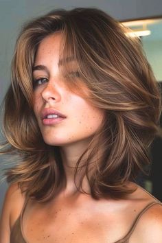 Women Short Hair Round Face, Shoulder Length Curtain Bangs Layers, Short Hair Women Layers, Womens Haircuts Round Face, Haircut 2024 Trends, Short Haircut Women Layers, Haircut Woman Medium, Brown Hair Bob Medium