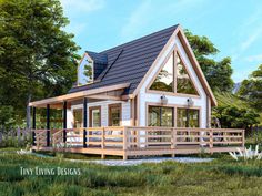 this is a computer rendering of a small cabin style house with porches and windows