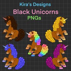 the black unicorns pngs are all different colors and sizes, but there is no image to describe