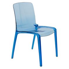 a blue plastic chair sitting on top of a white floor