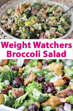 broccoli salad with cranberries and walnuts in a white serving dish