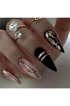 Black Almond Press on Nails Medium Length Gold Foil Fake Nails with Gold Foil Glitter Line Designs Glossy Coffin Nails Full Cover Nail Tips Glue on Nails Artificial Acrylic False Nails for Women 24Pcs Design Black Gold, Long Almond Nails, Manicure Tips, Her Nails, Black Nail, Diy Nail Art