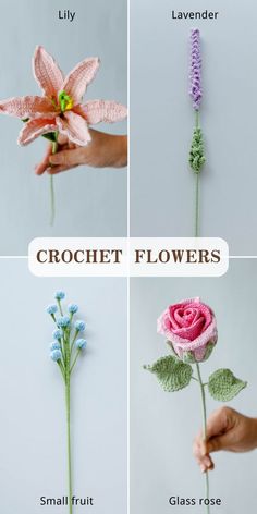 crochet flowers are shown in four different colors