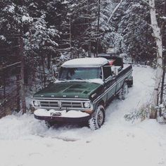 an old truck is parked in the snow near some trees and pine trees with no leaves on it