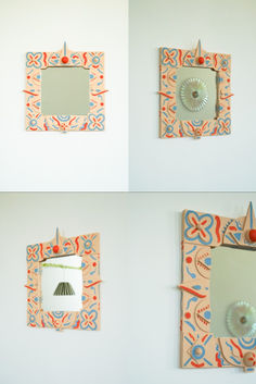 four different pictures of the same mirror and light fixture, each with an ornament on it