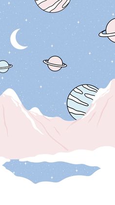 the planets are floating in the sky above mountains and snow covered ground with stars on them