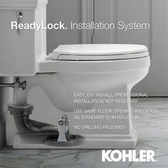 This WaterSense-labeled high-efficiency toilet delivers water conservation and easy installation in a sleek, skirted design. The Cimarron two-piece skirted toilet utilizes Kohler's patented new ReadyLock installation system for easier, more intuitive installation. The skirted trapway installs to the floor flange and attaches to the toilet, eliminating the need to drill holes for a standard 12-in rough in while offering the same secure installation as non-skirted toilets. KOHLER Cimarron Biscuit Self Cleaning Toilet, Floor Outlet, White Toilet, Bath Redo, Cleaning Tablets, Water Efficiency, Chair Height, Heated Seat, Toilet Cleaning