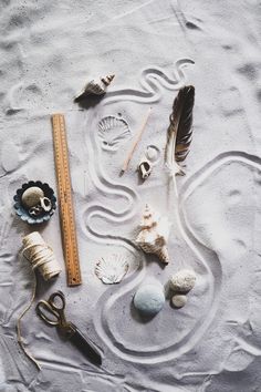 an assortment of seashells and other items laid out in the sand