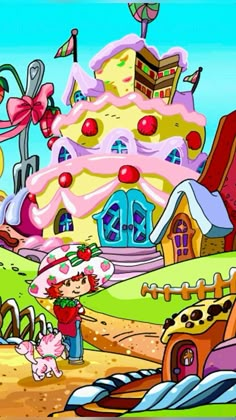 a cartoon girl standing in front of a giant cake