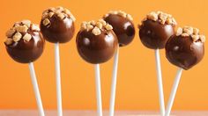 four chocolate covered cake pops with nuts on top