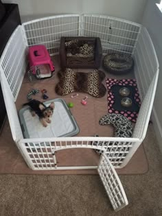 a small dog is sitting in its cage on the floor next to his bed and toys